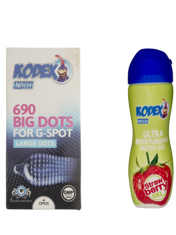 پک زناشویی اقتصادی (یک عدد کاندوم خاردار کدکس + ژل لوبریکانت توت فرنگی کدکس)