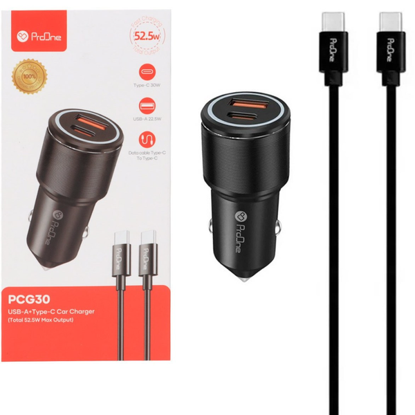 شارژر فندکی proone PCG30 PD 52.5W دوپورت با کابل TYPE-C