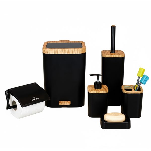 ست بهداشتی شش تکه با درب ارام بند دو حالته طرح چوب (پدالی و بادبزنی)