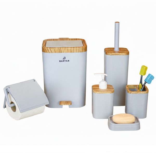 ست بهداشتی شش تکه با درب ارام بند دو حالته طرح چوب (پدالی و بادبزنی)