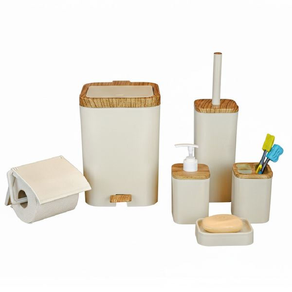 ست بهداشتی شش تکه با درب ارام بند دو حالته طرح چوب (پدالی و بادبزنی)