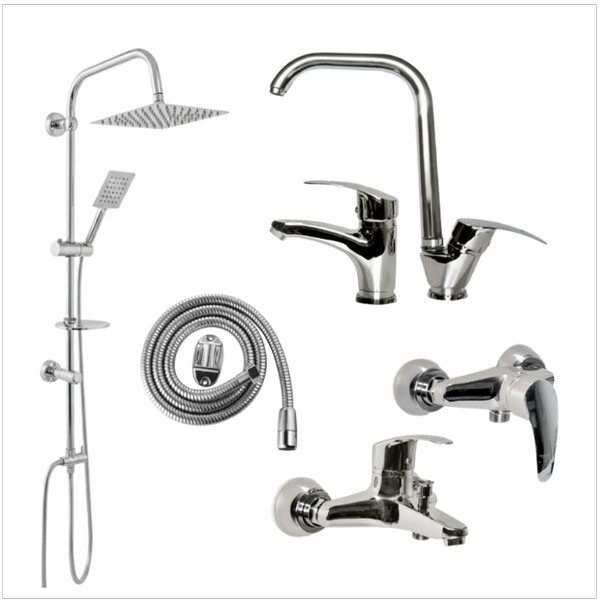 ست شیرآلات 6 تکه مدل اسپانیا کروم (سنگین) + علم دوش دوکاره استیل (5 سال گارانتی شیرآلات + ارسال رایگان)