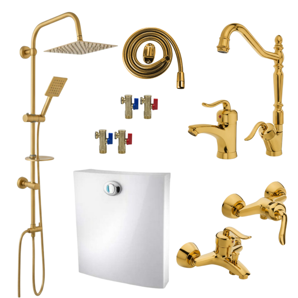 ست 11 تکه مدل قاجاری طلایی + دوش دوکاره استیل (5 سال گارانتی شیرآلات + ارسال رایگان)