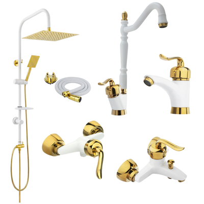 ست 6 تکه مدل قاجاری سفیدطلایی + دوش دوکاره استیل (5 سال گارانتی شیرآلات + ارسال رایگان)