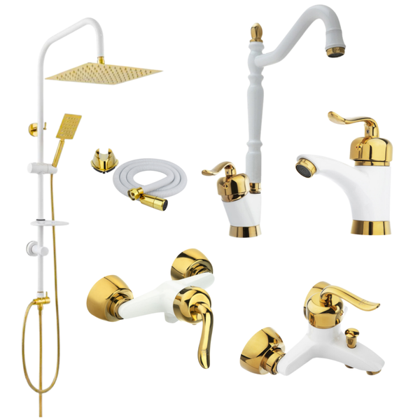 ست 6 تکه مدل قاجاری سفیدطلایی + دوش دوکاره استیل (5 سال گارانتی شیرآلات + ارسال رایگان)