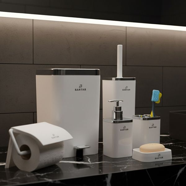 ست بهداشتی شش تکه با درب دو حالته آرام‌بند (بادبزنی و پدالی) مدل نقره‌ای