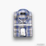 پیراهن مردانه چهارخانه آبی‌نیلی و نخودی پارچه کتان