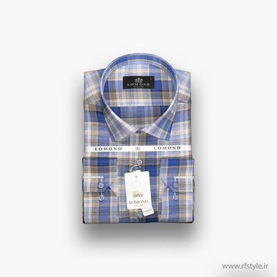 پیراهن مردانه چهارخانه آبی‌نیلی و نخودی پارچه کتان