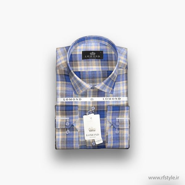 پیراهن مردانه چهارخانه آبی‌نیلی و نخودی پارچه کتان