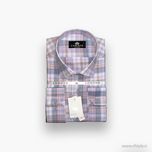 پیراهن مردانه طرح‌دار چهارخانه صورتی-طوسی پارچه کتان