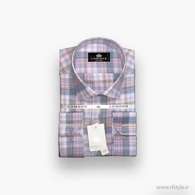 پیراهن مردانه طرح‌دار چهارخانه صورتی-طوسی پارچه کتان