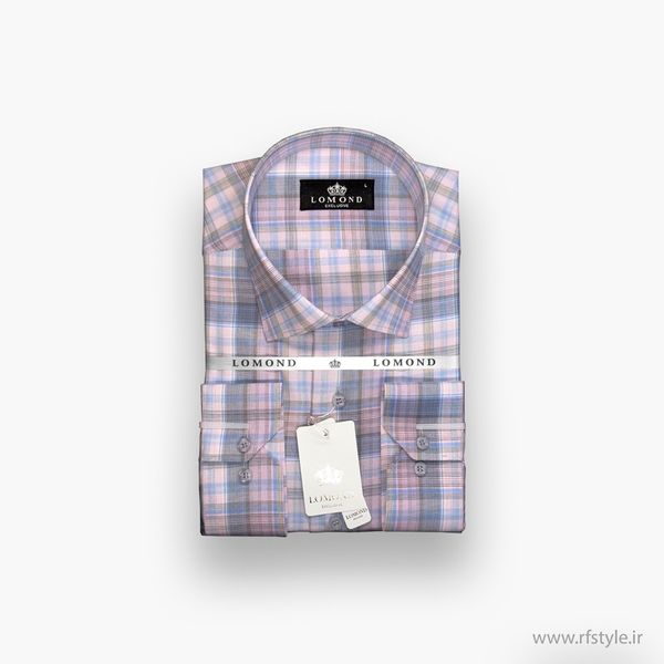 پیراهن مردانه طرح‌دار چهارخانه صورتی-طوسی پارچه کتان