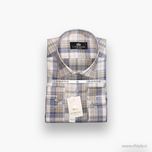 پیراهن مردانه طرحدار چهارخانه نخودی-طوسی پارچه کتان