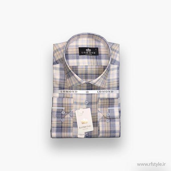 پیراهن مردانه طرحدار چهارخانه نخودی-طوسی پارچه کتان