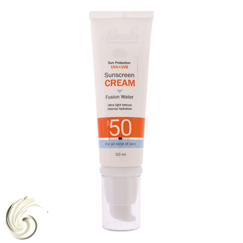 کرم ضد آفتاب بی‌رنگ دست و صورت ثمین SPF 50 مدل Fusion Water مناسب برای انواع پوست حجم 50 میلی لیتر
