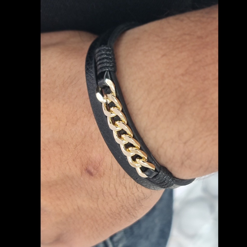دستبند چرم دو لاین طلایی