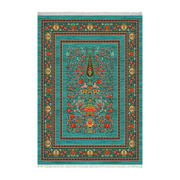 فرش ماشینی زانیس طرح حاشیه دار زمینه فیروزه ای جدید