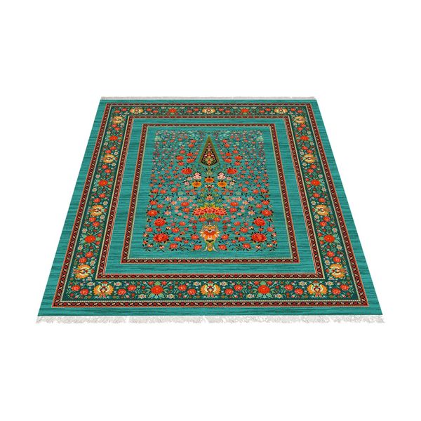 فرش ماشینی زانیس طرح حاشیه دار زمینه فیروزه ای جدید