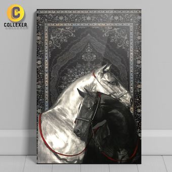 متال پوستر طرح اسب سیاه و سفید با پس زمینه فرش مشکی - کد 01