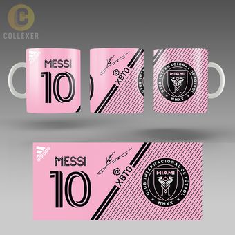 ماگ لیونل مسی (Lionel Messi) با طرح لباس اینتر میامی و امضا مسی - کد 02 (سفید ، مشکی ، حرارتی)