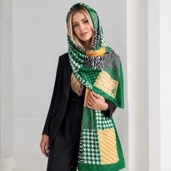 شال نخی پیچازی میکس سبز و مشکی و خردلی