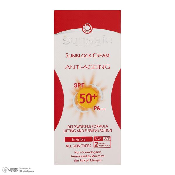 کرم ضد آفتاب بدون رنگ سان سیف، مدل SPF50، مناسب انواع پوست و حجم 50 میلیلیتر، محافظت کننده در برابر اشعه UVAو UVB، ضد حساسیت، ض