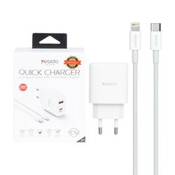 شارژر دیواری فست و PD سه پورت Yesido مدل YC52 30W به همراه کابل شارژ Type-C To Lightning - سفید