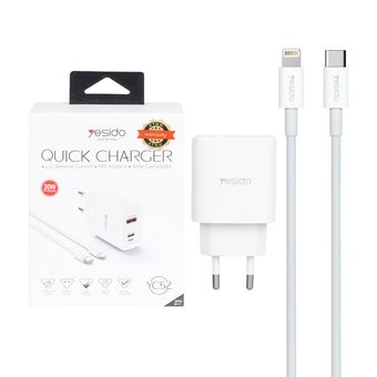 شارژر دیواری فست و PD سه پورت Yesido مدل YC52 30W به همراه کابل شارژ Type-C To Lightning - سفید