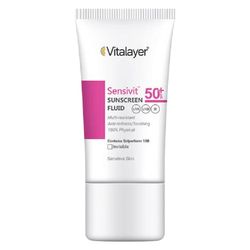 فلوئید ضد آفتاب بی‌رنگ ویتالیر، spf 50، مدل 0128، مناسب پوست های حساس با حجم 50 میلی‌لیتر، ضد حساسیت، محافظت‌کننده در برابر اشعه