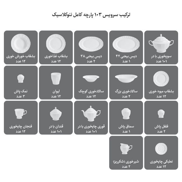 سرویس غذاخوری 103 پارچه چینی زرین ایران طرح النور درجه یک