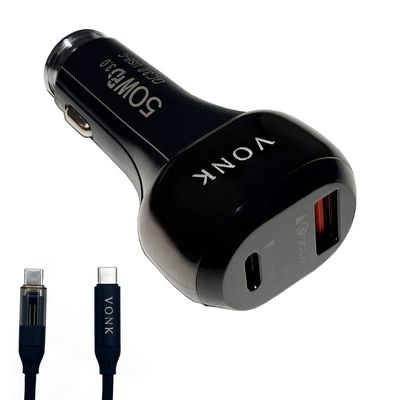 شارژر فندکی 50 وات دو پورت وونک مدل VC--50 به همراه کابل USB-C