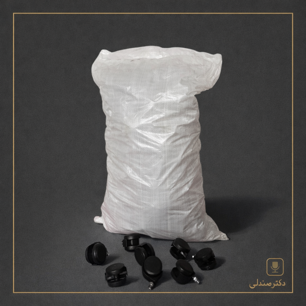 فروش عمده و همکاری بصورت گونی 200 عددی چرخ صندلی اداری مدل ساده سایز 6 پیچ 12 برند دکتر صندلی