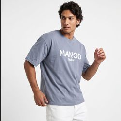 تیشرت یقه گرد مردانه باکسی طرح دار دورس پنبه طوسی Mango