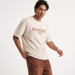 تیشرت یقه گرد مردانه باکسی طرح دار دورس پنبه کرم Mango