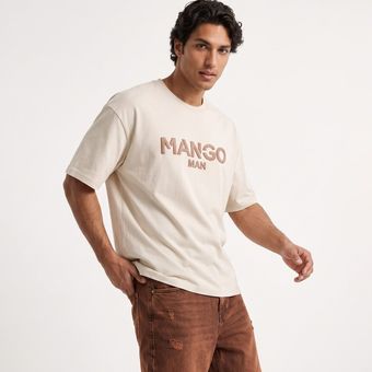 تیشرت یقه گرد مردانه باکسی طرح دار دورس پنبه کرم Mango