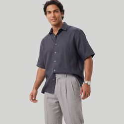 پیراهن آستین کوتاه مردانه باکسی ساده لینن طوسی 50666