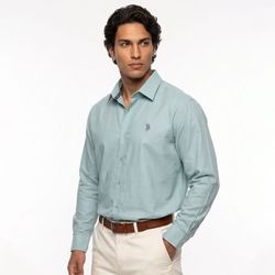 پیراهن آستین بلند مردانه نرمال ساده پنبه پلی استر آبی فیروزه ای Polo(50585)