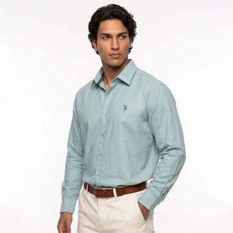 پیراهن آستین بلند مردانه نرمال ساده پنبه پلی استر آبی فیروزه ای Polo(50585)
