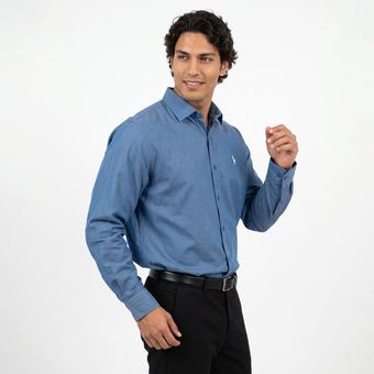 پیراهن آستین بلند مردانه نرمال ساده پنبه پلی استر آبی نفتی Polo(50583)