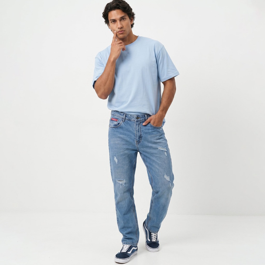 شلوار مردانه مام فیت ساده جین آبی یخی Zara(50335)