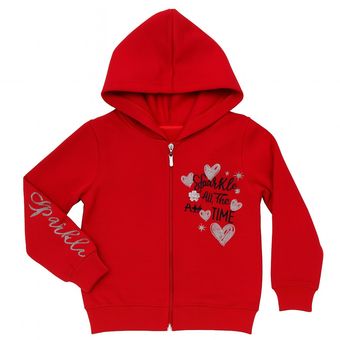 سویشرت بچگانه دخترانه قرمز زیپ‌دار با نوشته براق Sparkle مدل اسپرت زمستانی محصول ترکیه