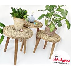 استند پایه گل چوبی حصیری 3تایی