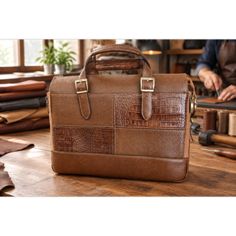 :  💼 کیف اداری و دیپلمات چرم طبیعی تمام‌دست‌دوز (طرح چهل‌تکه لاکچری)