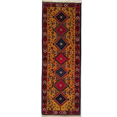 فرش دستباف سایز کناره سه متری زمینه زرد طلایی (تمام پشم یلمه طرح حوضی یا ترنج)کد 1636