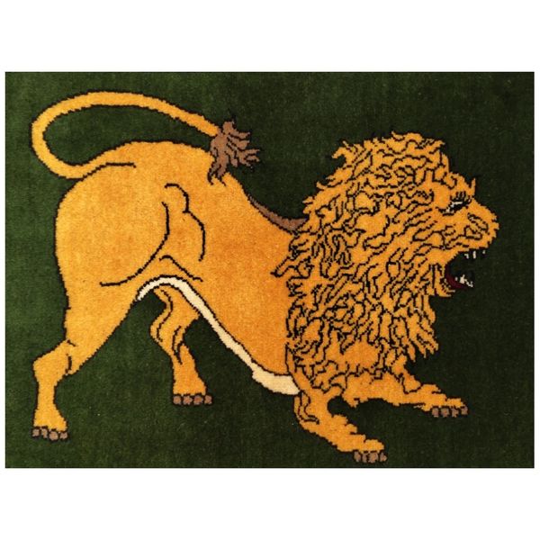 فرش دستباف سایز پادری یا پشتی زمینه سبز (تمام پشم یلمه طرح شیر قشقایی) کد 6068