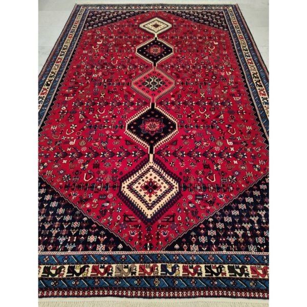 فرش دستباف سایز شش متری زمینه لاکی (تمام پشم یلمه طرح حوضی ) کد 6148