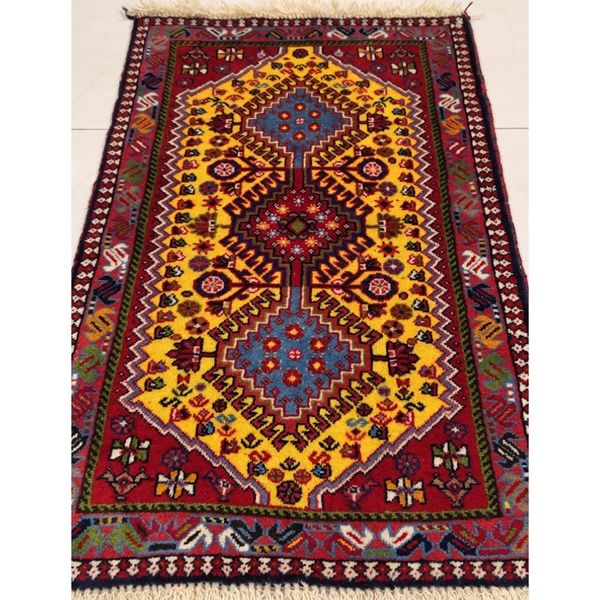 فرش دستباف سایز پادری یا پشتی زمینه زرد طلایی (تمام پشم یلمه طرح حوضی) کد 5934