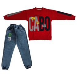 ست لباس بچه‌گانه پسرانه سویشرت قرمز و شلوار جین طرح CABO مدل اسپرت پاییزی