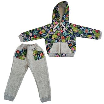 "ست سویشرت و شلوار دخترانه نخی طرح tropical کلاهدار پاییزه بچگانه مناسب 1 تا 5 سال"