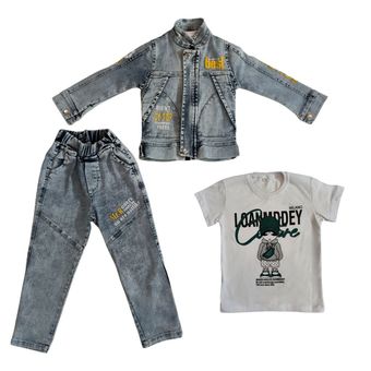 ست لباس بچه‌گانه پسرانه جین شامل کت، شلوار و تیشرت گرافیکی